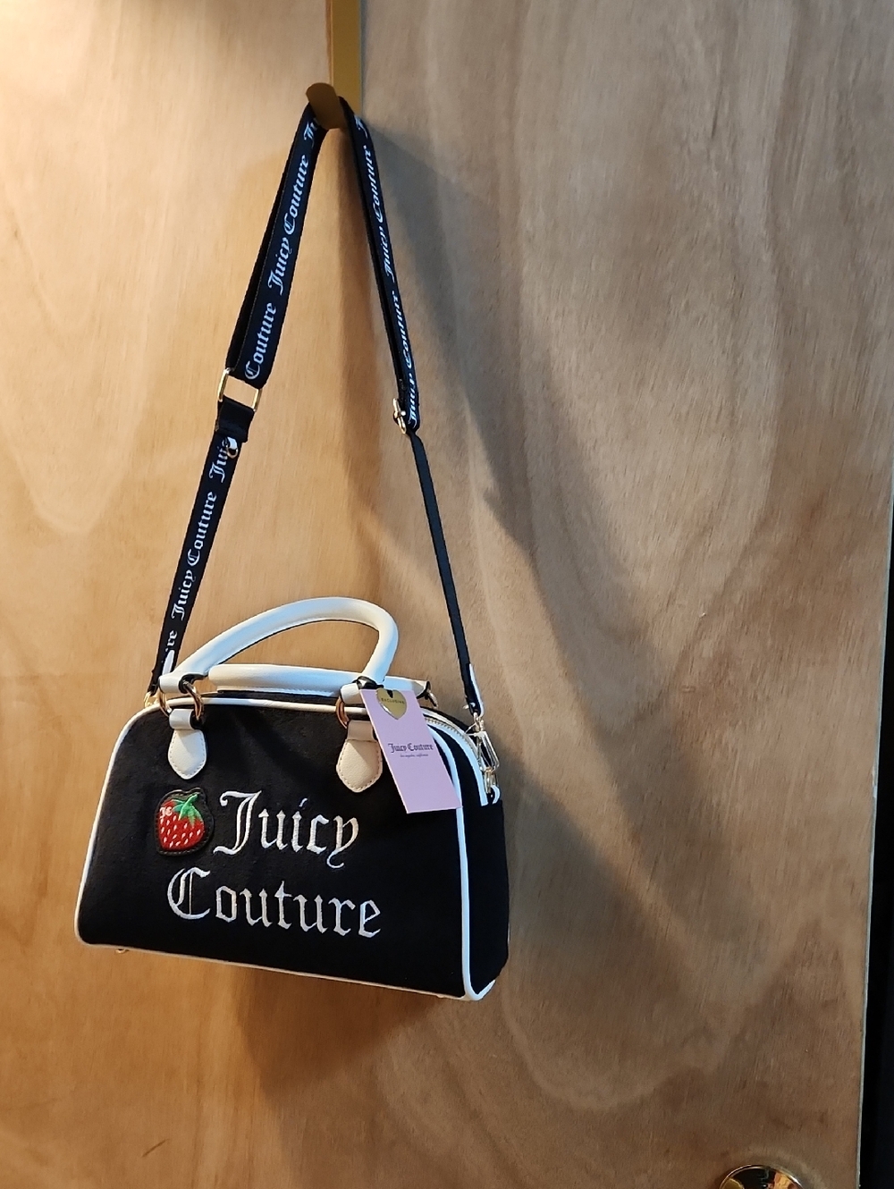 Juicy Couture Black Satchel with White Trim and Strawberry Patch